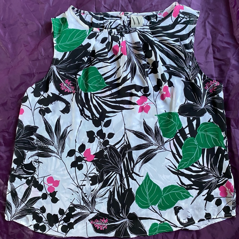 Worthington Black & Pink Leaf Print Top